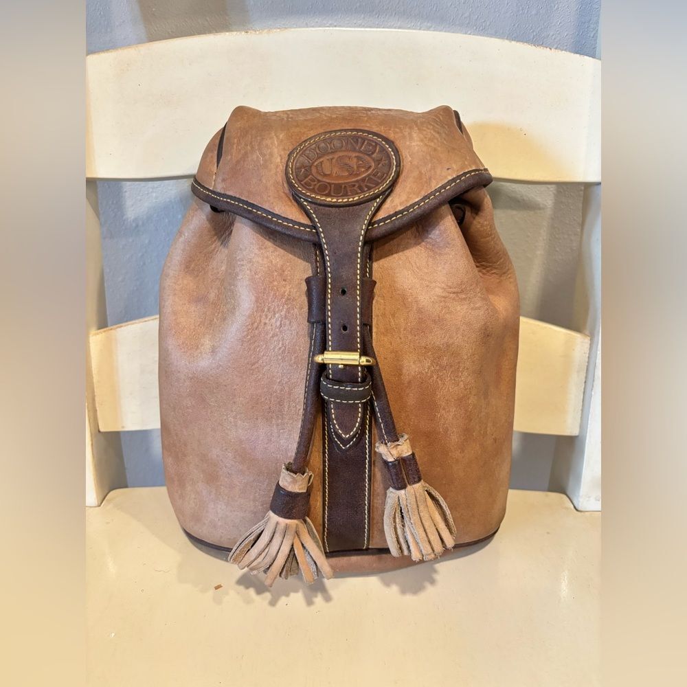 Vintage Dooney & Bourke AWL Nubuck Leather Backpack Purse Brown Tassel USA Made